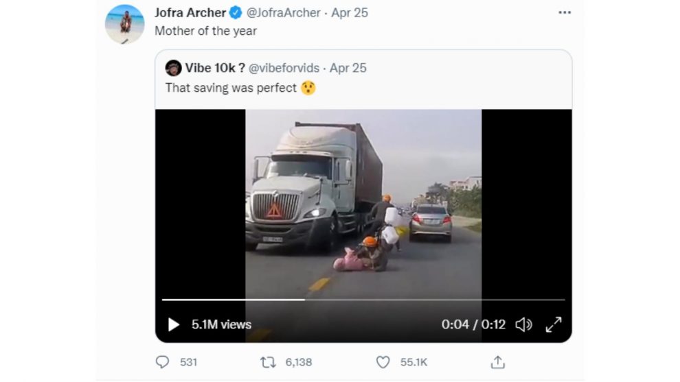 In an old viral video, a woman saves her son from being crushed under a truck. Jofra Archer responds