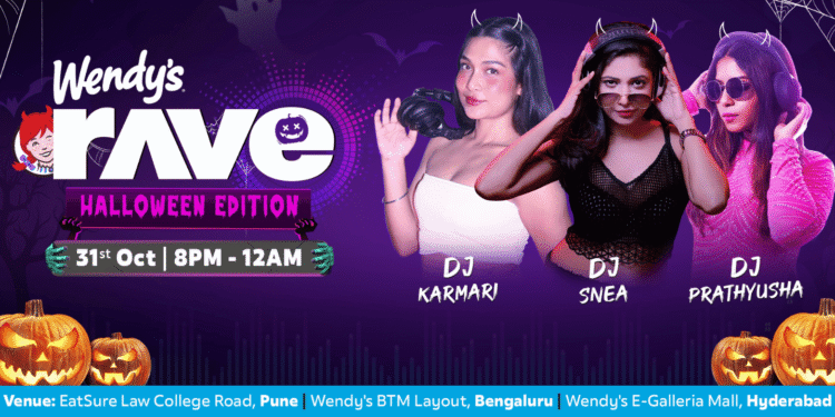 Halloween-themed Wendy’s diner with devil horn headbands, DJ setup, customers enjoying unlimited burgers and spooky décor in Bangalore