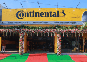 Continental Tires CPD showroom in Tirupati with tyre display, service bay, alignment area, and Super Tyres team welcoming visitors